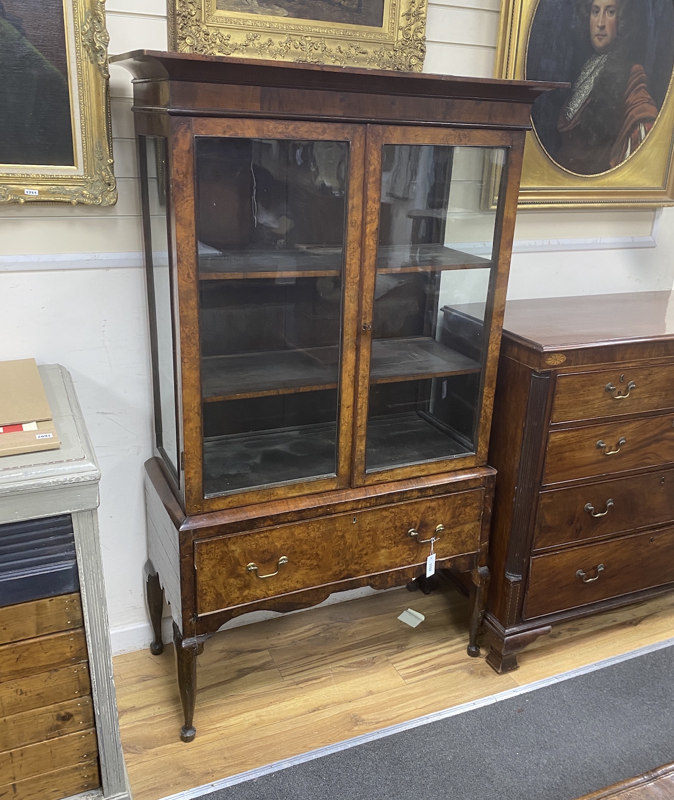An 18th century style walnut display cabinet, width 106cm, depth 48cm, height 178cm